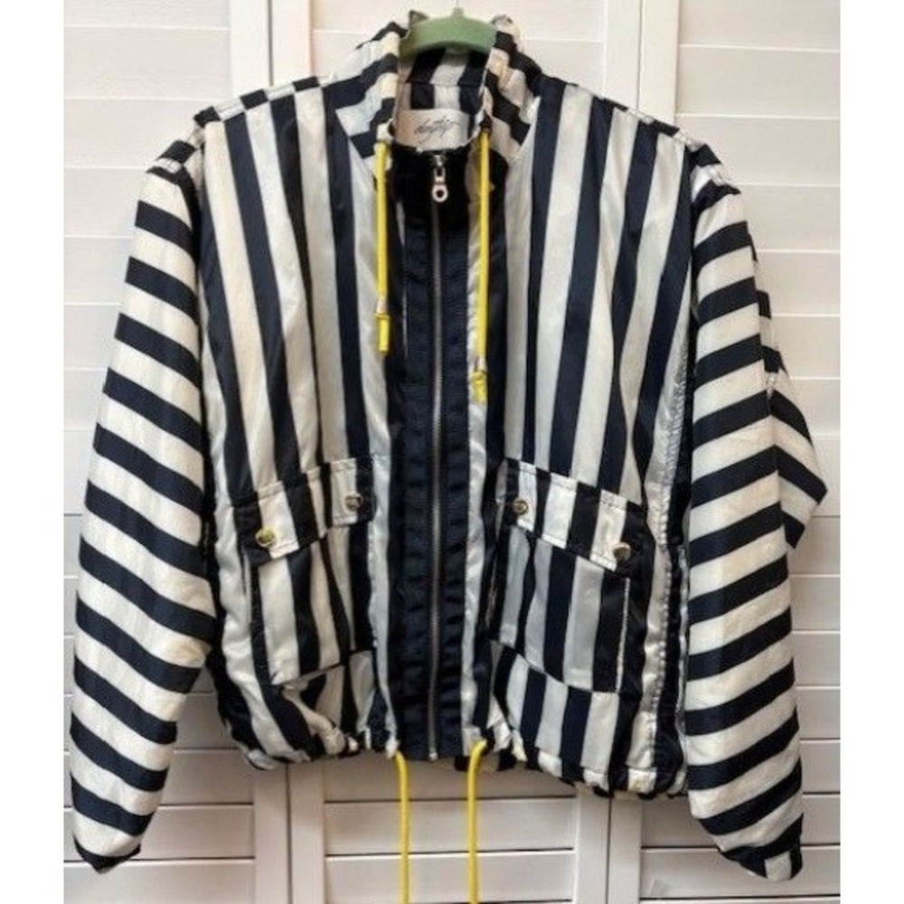 Daytrip Striped Black & White Lightweight Jacket W/ Yellow Drawstrings